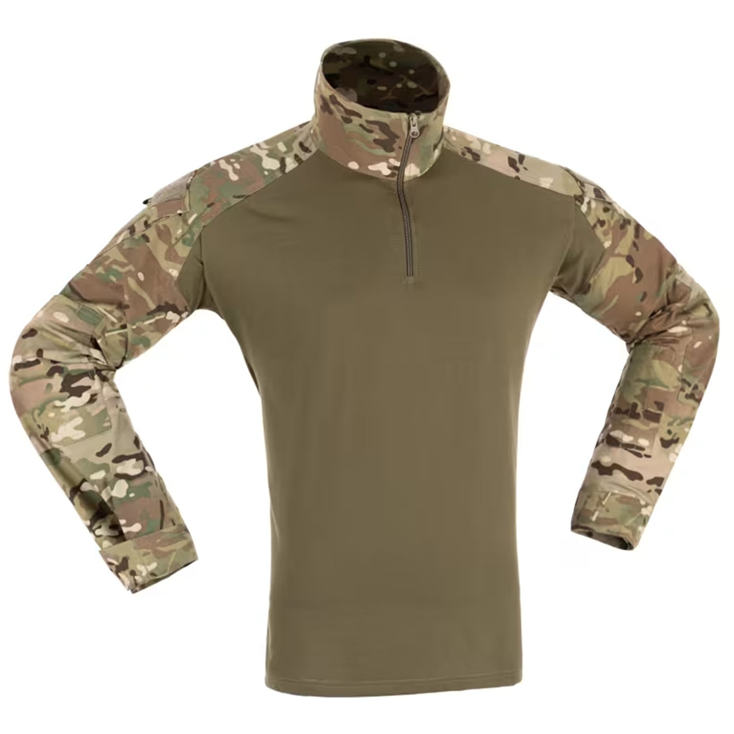 CAMISA DE COMBATE CON BOLSILLOS EN HOMBROS PANELES VELCRO CUELLO ALTO CODOS DOBLE CAPA Multicam